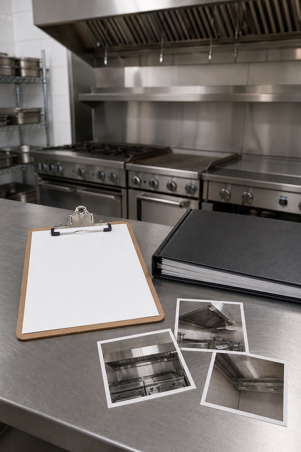 Blank inspection-style sheet on a clipboard beside an unbranded record binder and hood condition photos in an empty commercial kitchen