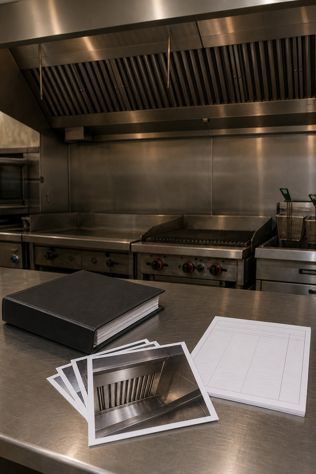 Commercial kitchen exhaust hood above a stainless cookline, with a plain service-record binder, condition photos, and a blank work-order sheet on a prep table