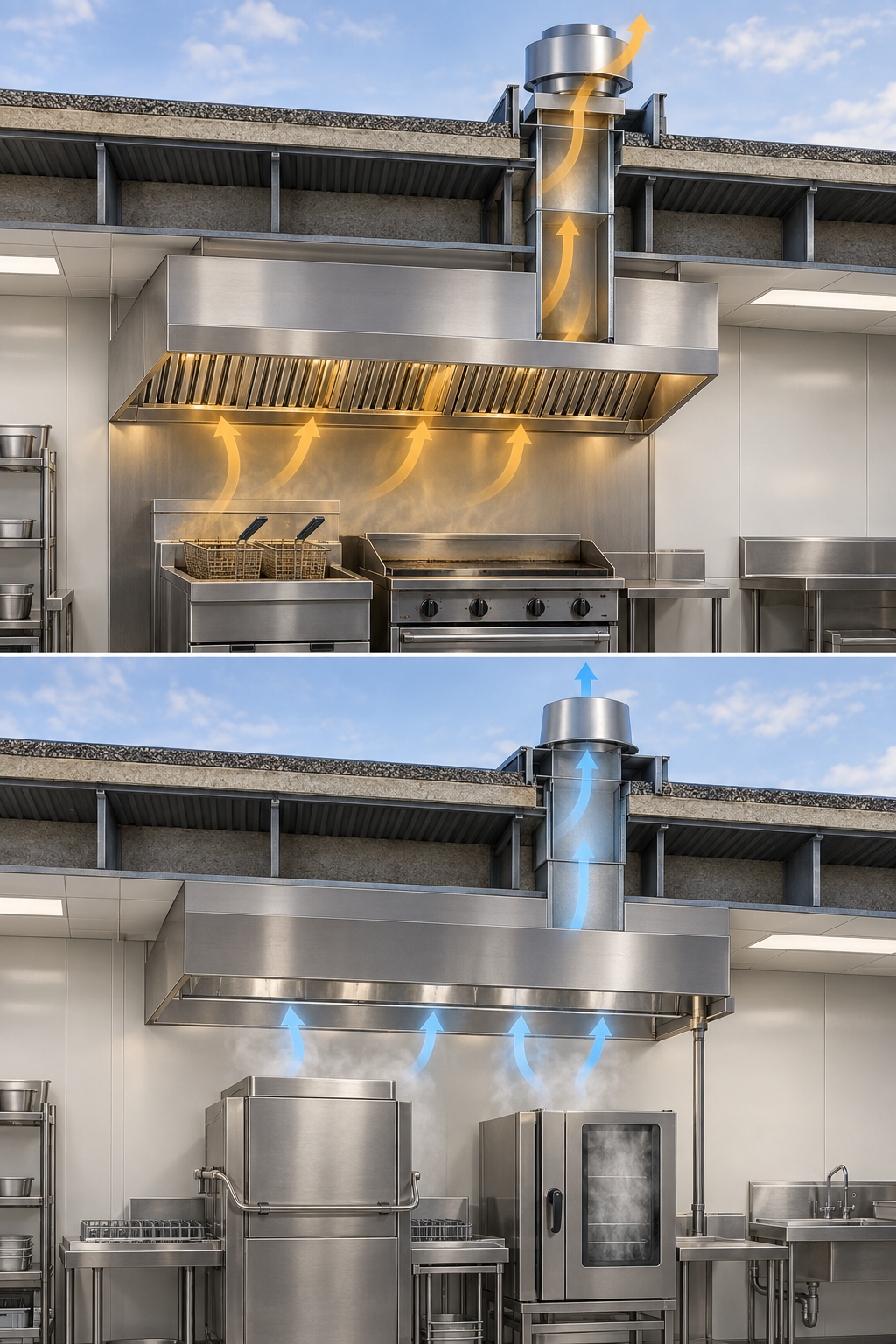 Conceptual cutaway comparing a grease-producing cookline with a filtered hood, duct, and rooftop fan above a heat-and-steam equipment line with a condensate hood and separate exhaust path